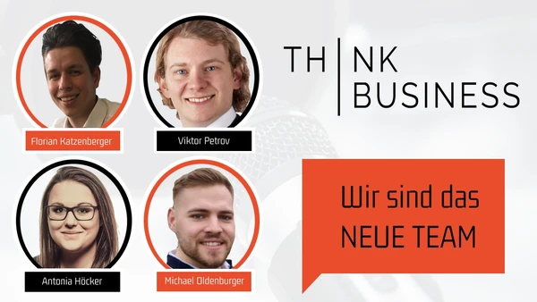 Vier Porträts der Studierenden und das ThinkBusiness Podcast Logo